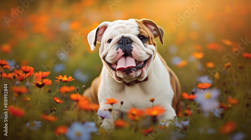A Bulldog puppy with droopy jowls, eagerly exploring a patch of colorful wildflowers in a meadow.