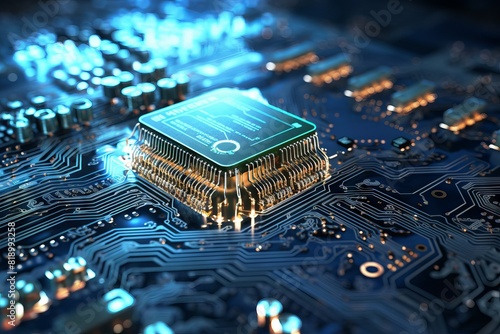 Microchips and computer boards. Chip for implementation in new technologies. Concept: computer programs and virtual processes.
