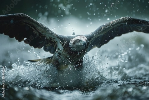 Eagle flying flush with water