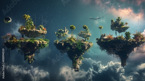 A surreal dreamscape of floating islands suspended in the void of space, each one a miniature world unto itself, adorned with exotic flora and fauna. 32k, full ultra HD, high resolution