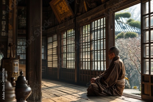 A Zen monk's simple and peaceful life inside a temple, AI generated