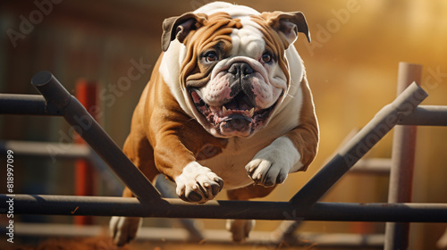 A Bulldog with a determined expression, participating in an agility course, conquering obstacles with grace.