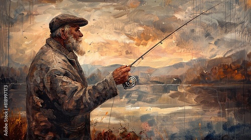 Image photo painting bearded fisherman catching with a fishing pole difficult have complications resting hobby countryside village lak 