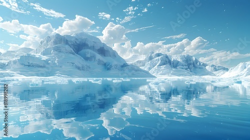 Majestic Frozen Glacier Lake Reflecting Snow-Capped Mountains Against Dramatic Cloudy Blue Sky