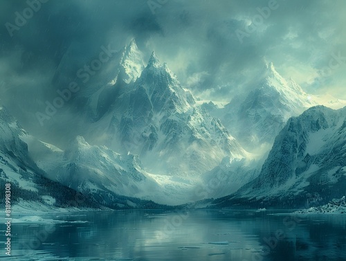 Majestic Frozen Landscape with Towering Snowy Peaks and Serene Lake