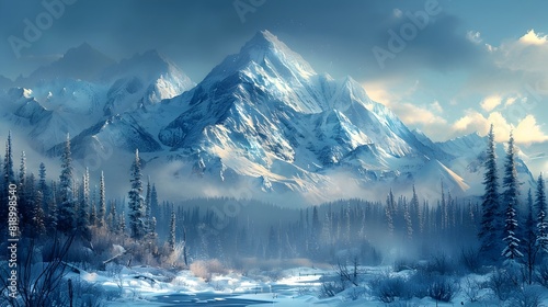 Majestic Snowy Mountains Framed by Pine Forests and a Frozen Lake in a Serene Winter Landscape