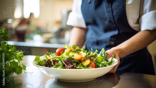 Chef presenting a fresh, colorful salad with a variety of vegetables in a professional kitchen