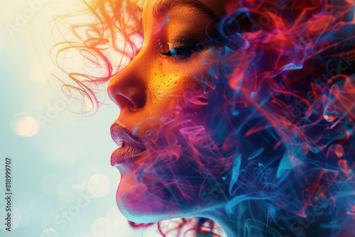 A woman's face is shown with a lot of smoke and colorful hair. The image has a dreamy, surreal feel to it, as if the woman is floating in a world of her own creation
