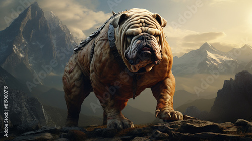 A Bulldog with a proud stance, showcasing its strength and courage against a backdrop of rugged mountains.