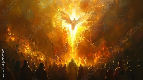 pentecost scene with the holy spirit descending as a dove amidst flames empowering followers gathered before the fire digital painting