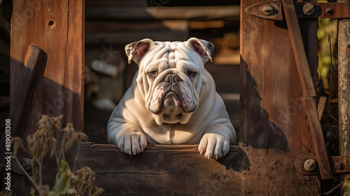 A Bulldog with an alert posture, standing guard in front of a rustic wooden gate, displaying its protective instinct.