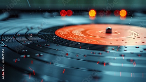 Vinyl record with raindrops on its surface, reflecting a vivid orange hue under a soft light, symbolizing the blend of music and atmosphere