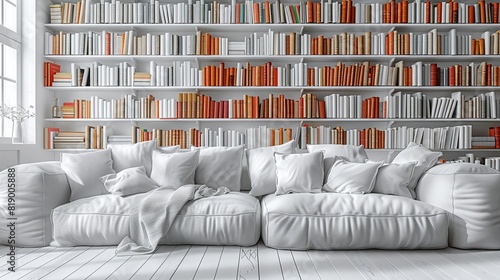 muted tones, natural textures, minimalist library with reading nooks