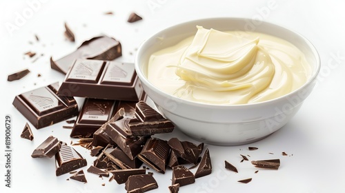 A bowl of melted white chocolate and broken pieces of chocolate bar isolated on a white background