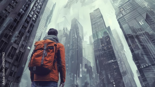 solitary travelers urban odyssey man with backpack gazing up at towering skyscrapers feeling lost in the concrete jungle digital painting