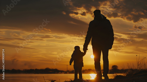 Silhouette of a father with his child at sunset, showcasing the bonding and togetherness of family.