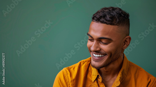 A man laughing heartily with his head tilted back against a green background
