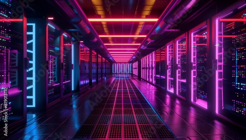 a data center with glowing lights, rows of server cabinets and long black floors, neon colors.