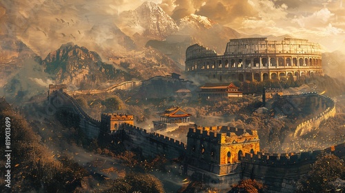Artistic blend of the Great Wall of China and Roman Colosseum, showcasing historical wonders
