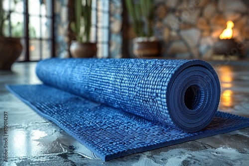 A blue rolling yoga mat lies on the floor