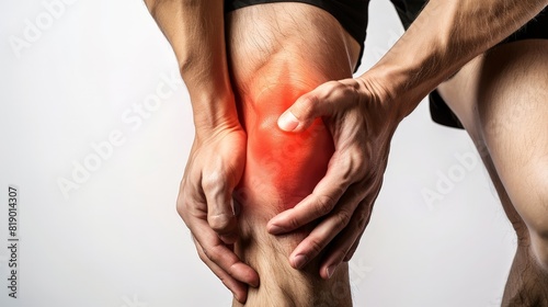 Man holding his knee in pain isolated on a white background, with the area of focus highlighted in red to emphasize connection with professional massage therapy for joint condition