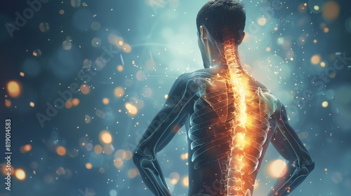Spinal health visualization. Man experiencing back pain with glowing depiction of spine, emphasizing 