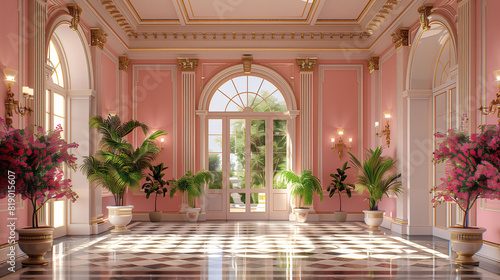 A luxurious, sunlit room with pink walls, large arched windows, and a checkered black and white floor. The room is adorned with potted plants and elegant gold accents.