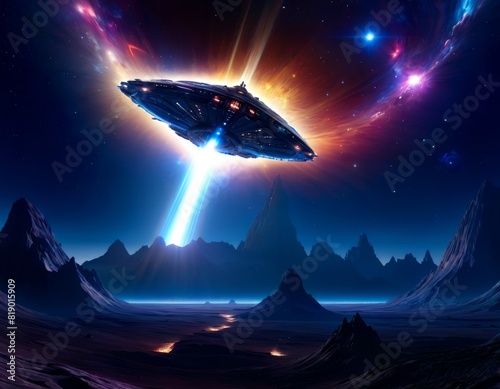 A digital artwork imagines an advanced spaceship descending with bright lights on a barren, extraterrestrial landscape under a cosmic sky.. AI Generation