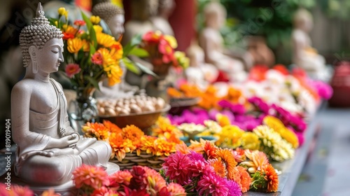 An altar filled with colorful flower offerings, with a serene Buddha statue in the background for Magha Bucha Day