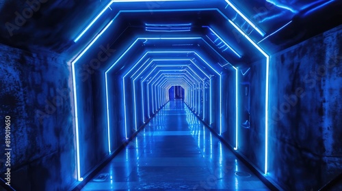 An immersive blue LED light tunnel, with dazzling lights and geometric patterns