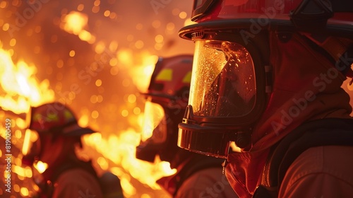 Close-up of firefighters working together to control a massive fire, flames reflecting in their visors