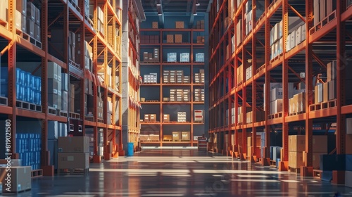 Close-up of a modern warehouse, towering shelves, numerous cardboard boxes upfront, detailed realism, vibrant lighting
