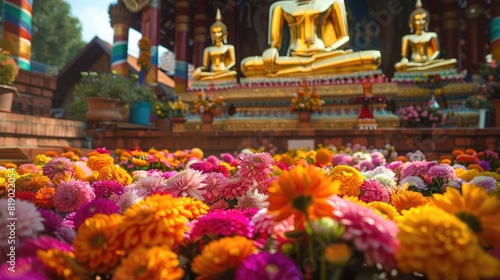 Colorful flower offerings arranged in a temple, with a golden Buddha statue in the background on Visakha Bucha Day
