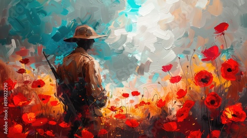 Abstract painting illustration Colorful art style of a soldier in a red poppies field. Anzac day Lest we forget.