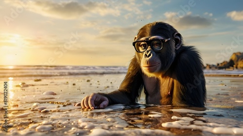 Playful ape relaxing on a summer beach with clear blue skies