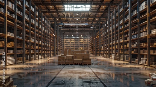 A vast warehouse interior featuring high storage racks, with a large number of cardboard boxes prominently in the foreground, raw and detailed