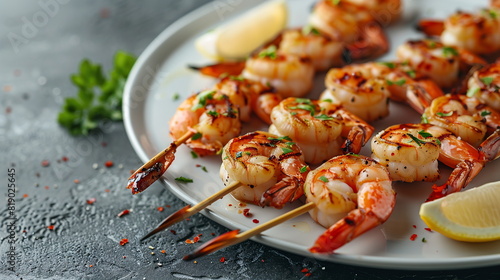 Grilled shrimp skewers with garlic butter and lemon wedges, served on a white platter.