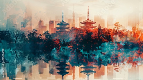 Blend of cultures: Tokyo's skyline with the temples of Kyoto in a mesmerizing double exposure