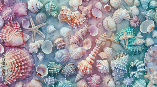 abstract background of pastel colored starfish and seashells