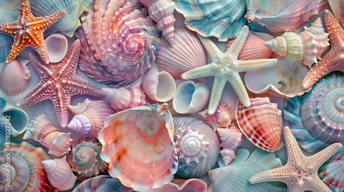 abstract background of pastel colored starfish and seashells