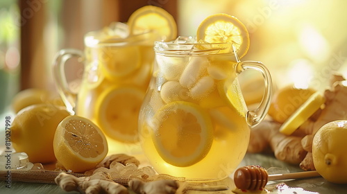Immunity-boosting ginger lemonade with honey in a pitcher with ice.