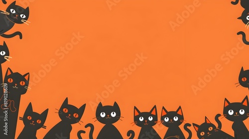 Spooky Halloween Black Cats Silhouettes on Vibrant Orange Background