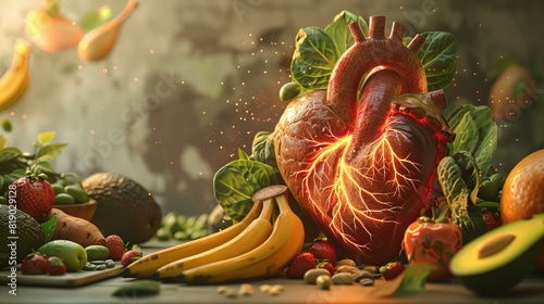 A dynamic arrangement of fresh fruits, vegetables, and nuts forming the shape of a heart, symbolizing the essence of nutrition and wellness through a balanced diet