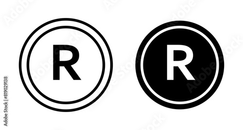 registered icon set. R register vector symbol. copy right trademark registered R sign in black filled and outlined style.