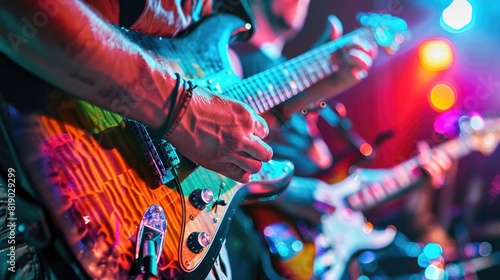 Closeup shot of a guitarist playing at a concert.