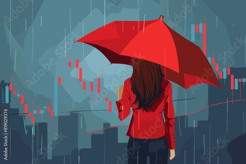 Businesswoman with Umbrella Protecting from Stock Market Crash Concept