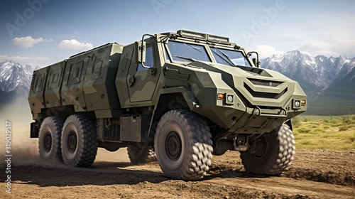 A military truck against the background of an explosion, moving along a dusty road. Concept: Military operations, equipment, combat operations, the power and strength of the army, transportation of eq