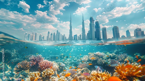Creative double exposure of the Burj Khalifa and the Great Barrier Reef, contrasting man-made and natural marvels.