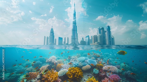 Creative double exposure of the Burj Khalifa and the Great Barrier Reef, contrasting man-made and natural marvels.