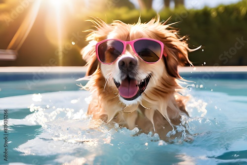 Sweet pup wears cool shades, swims in posh pool.